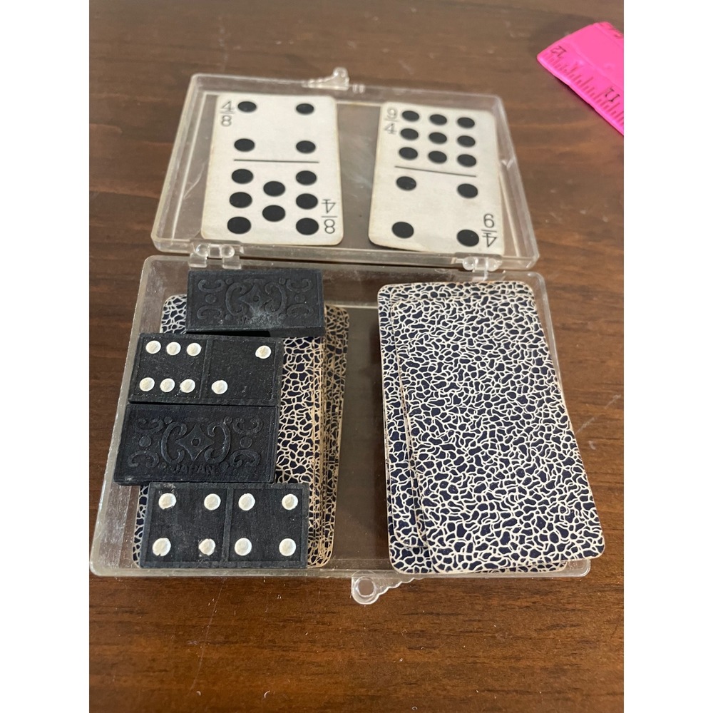 Vintage Travel Game Set Miniature Playing Cards and Black Dominoes Japan Case